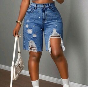 Distressed Blue Denim Shorts